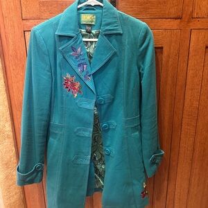 Tracy Porter Turquoise Trench Coat with Floral Accents
